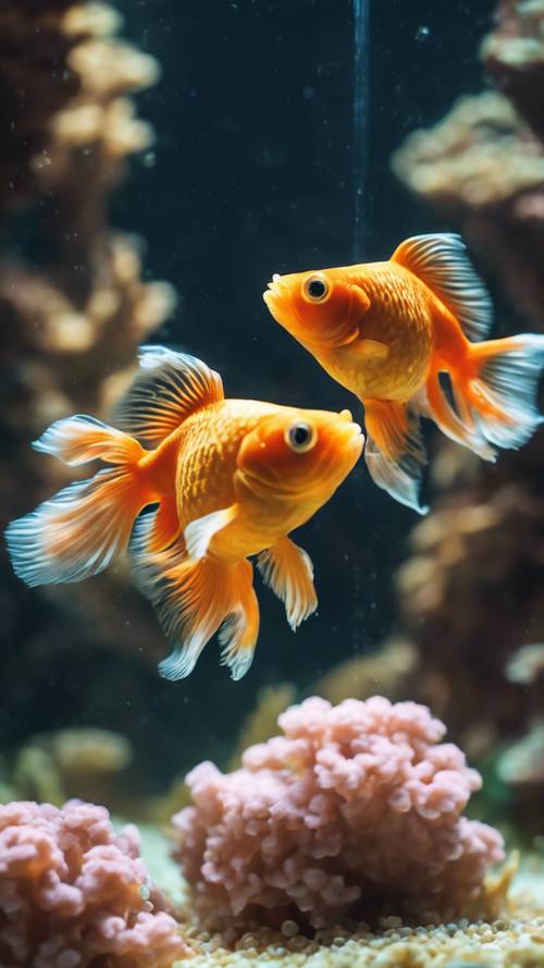 زوج من الأسماك الذهبية البرتقالية الرائعة يسبحان حول المرجان المزخرف في حوض أسماك نظيف ومضاء جيدًا.