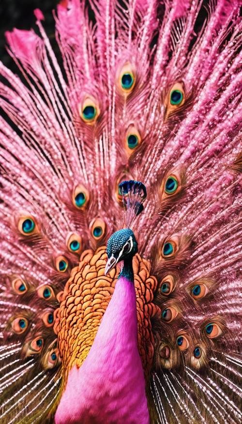 화려한 깃털이 달린 꼬리를 펼치고 있는 장엄한 분홍빛 공작새.