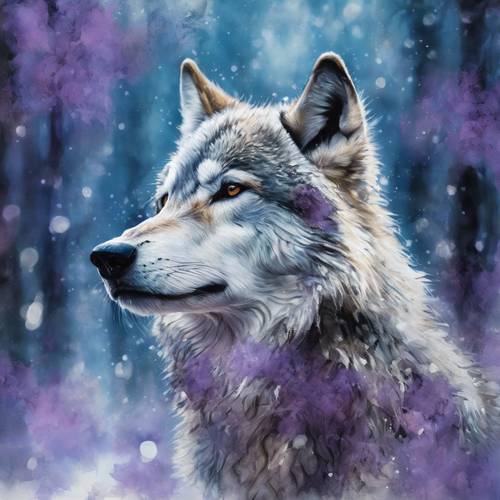 Impresjonistyczny obraz przedstawiający tęsknego wyjącego wilka, przedstawiony krótkimi, grubymi pociągnięciami chłodnego błękitu, płynnych fiołków i zimowej bieli.