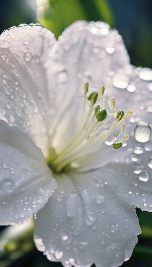 一朵白色的杜鹃花，花瓣上沾满露珠。