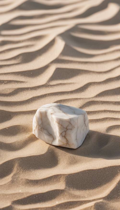 一块带有纹理的灰白色大理石躺在一层细沙上。