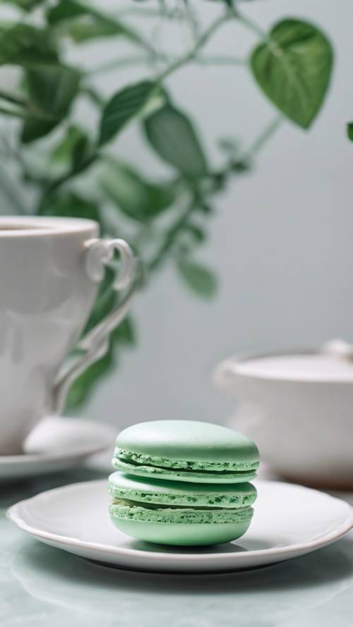 Un macarrón de color verde pastel servido en un plato de porcelana blanca con un toque de hojas de menta encima.