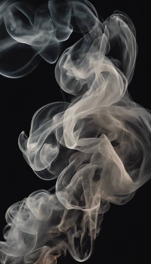 Uma pintura hiper-realista de um rastro fino de fumaça translúcida flutuando misteriosamente contra um fundo preto.