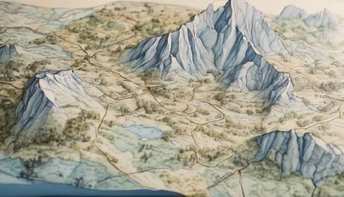 מפה מצוירת ביד המציגה מסלולי הליכה במעלה ההרים הכחולים.