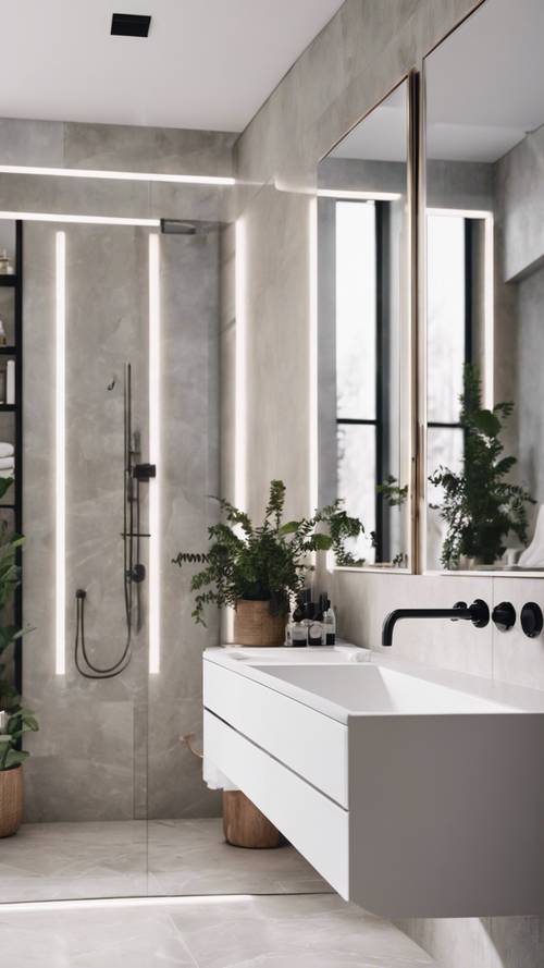 Um banheiro moderno e minimalista com um grande espelho sem moldura e paredes brancas.