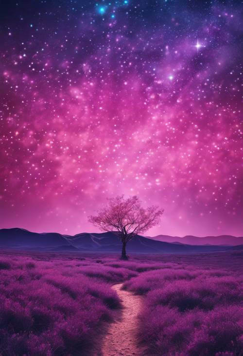Une image surréaliste d’une plaine rose sous un ciel étoilé bleu et violet.