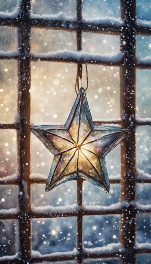 Lukisan cat air antik dengan ornamen Natal berbentuk bintang yang berkelap-kelip di kaca jendela yang buram.