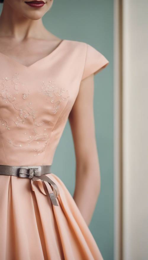 فستان حفلات عتيق مستوحى من الخمسينيات بلون خوخي رقيق، مزين بياقة بيضاء واسعة وحزام رفيع.