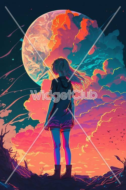 女孩在色彩繽紛的天空中看著月亮