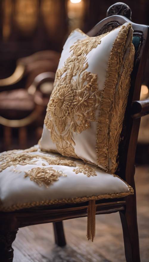 Um close de uma almofada de veludo macio com elaborados bordados dourados, aninhada em uma cadeira de madeira antiga