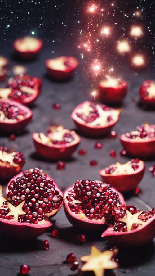 A magical scene of shooting stars being collected in pomegranate halves.