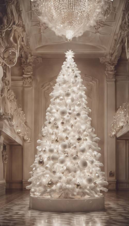 Un árbol de Navidad blanco brillante, adornado con adornos brillantes y que se alza majestuoso en un gran salón. Fondo de pantalla [e80a93ca24744a498ec7]