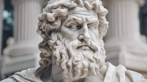 Retrato de un poderoso dios griego esculpido en impecable mármol blanco.