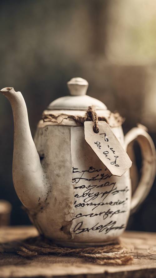 A rustic paper tag on an aged teapot, with a description in elegant handwriting.