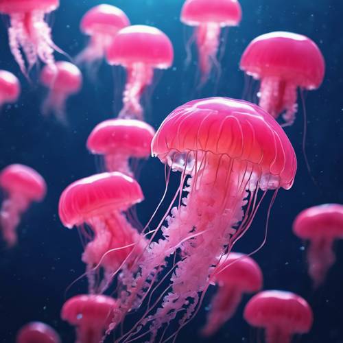 Una medusa de color rosa brillante que pulsa en el mar azul profundo.