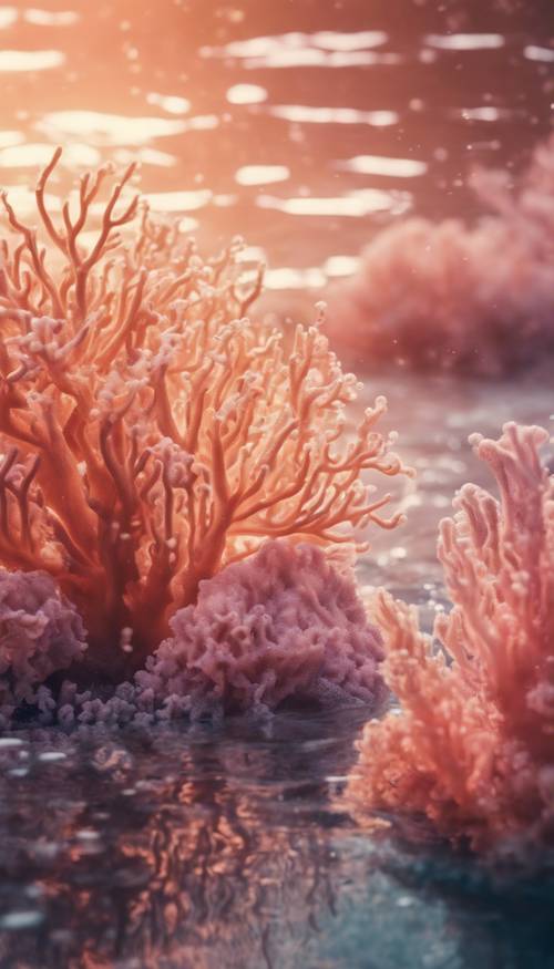 Eine Unterwasserszene bei Sonnenuntergang mit Weichkorallen, die sanft in der Strömung schwanken.