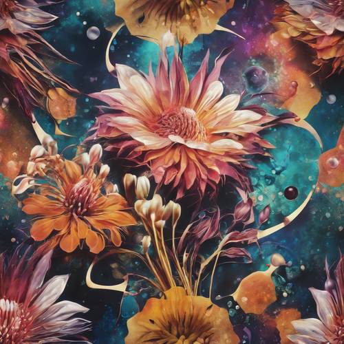An avant-garde mural depicting a close-up of exotic flowers with abstract formations blending into a cosmic background. Tapet [8381236afab944eaa141]