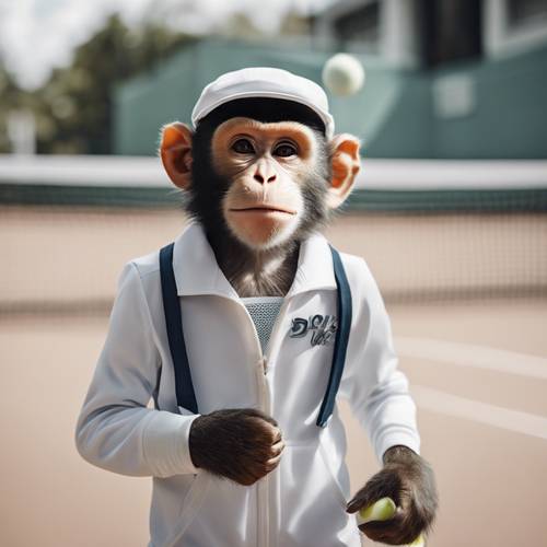 Um macaco elegante e formal com roupa de tênis, se preparando para servir um match point em uma quadra branca imaculada.