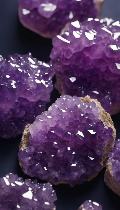 Tampilan jarak dekat dari sekelompok geode Amethyst, berkilau dengan warna ungu tua.