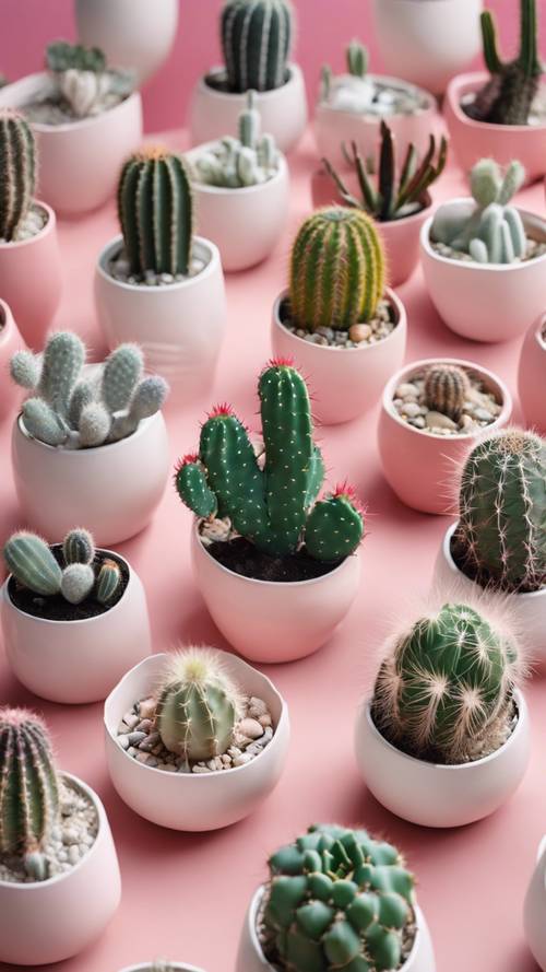 A variety of colourful cacti in white ceramic pots against a pastel pink background.