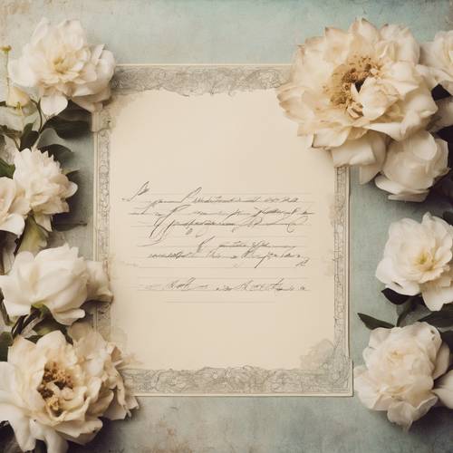 Une carte postale vintage ornée de bordures florales crème complexes et d&#39;un magnifique message manuscrit.