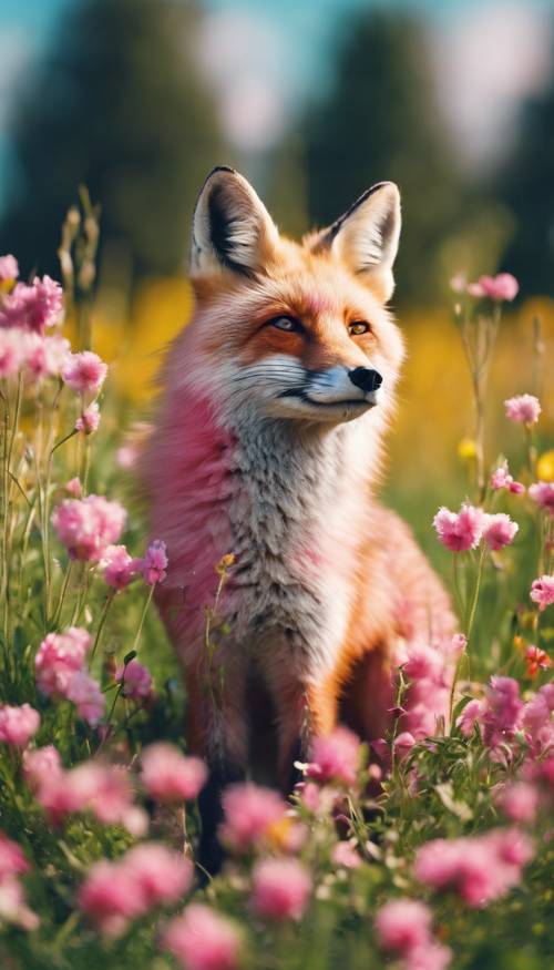 Uma alegre raposa rosa brincando em um campo cheio de flores coloridas da primavera sob um céu azul brilhante.