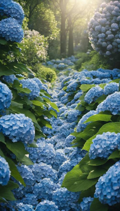 A picturesque scenario of a meandering stream flowing amidst a carpet of blue hydrangeas.