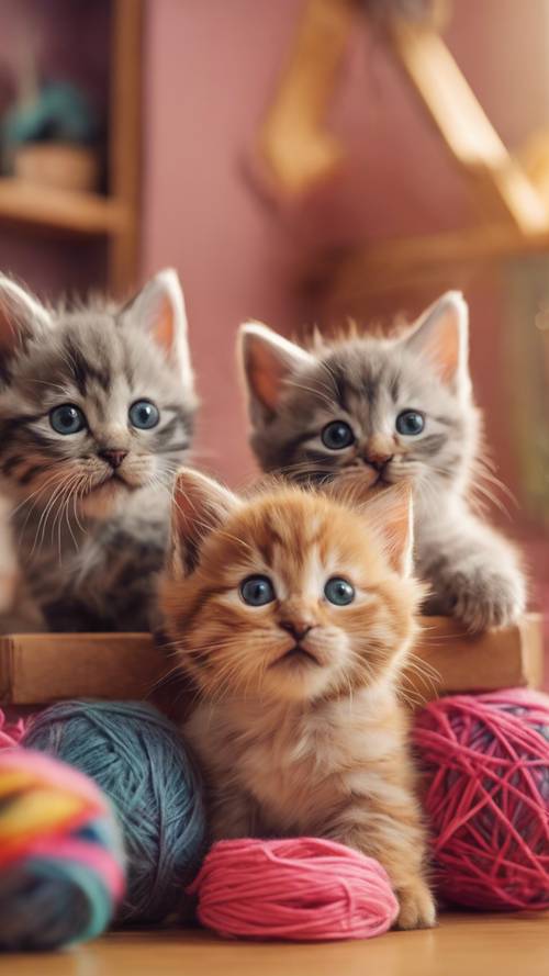 ثلاث قطط مؤذية تلعب بكرة من الغزل في حضانة ملونة.