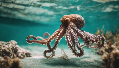 An octopus in teal, gracefully swimming in clear, aqua water.