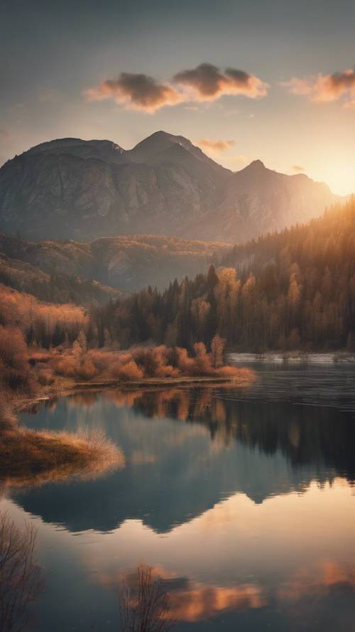 A tranquil sunset over a calm, reflective lake surrounded by mountains.