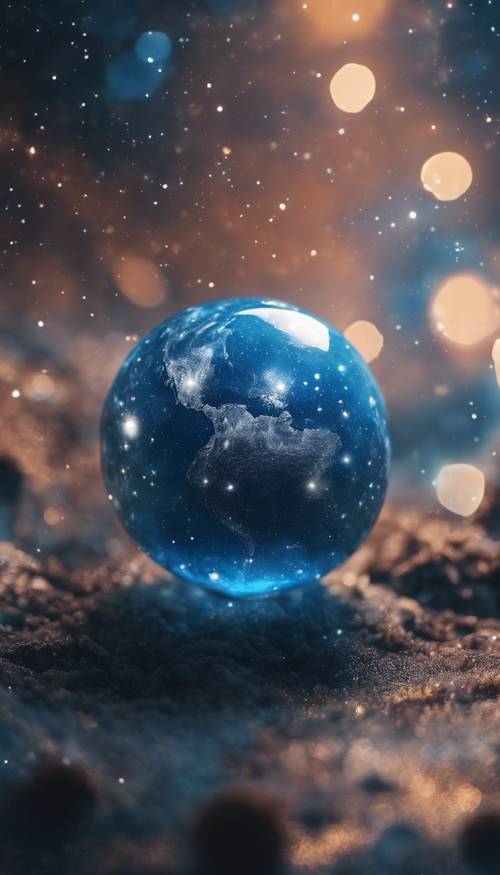 Interpretasi artistik dari planet Bumi sebagai bola biru terang di tengah galaksi bima sakti.