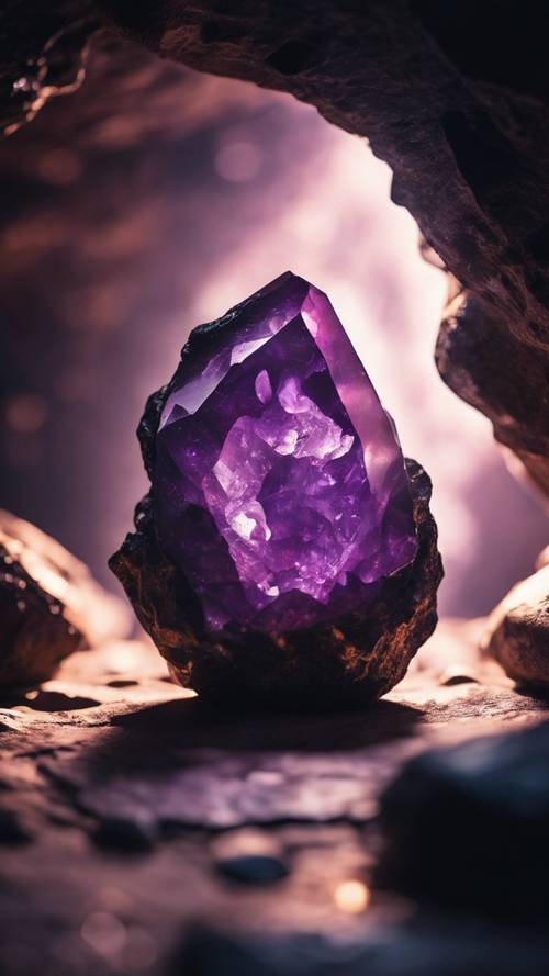 黑暗的洞穴中，一块闪闪发光的紫水晶。
