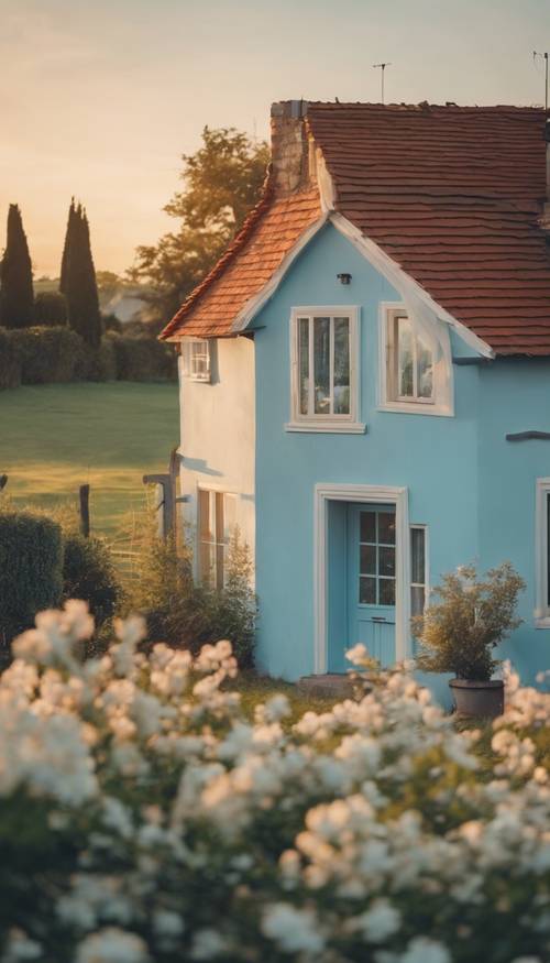 A quaint countryside house painted in baby blue under a soft glow of sunset.