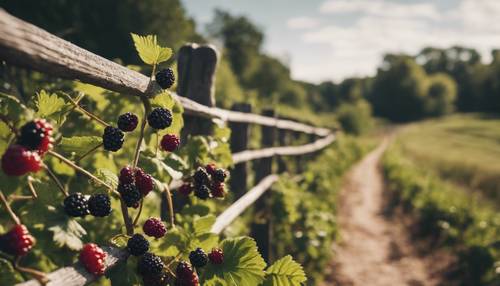 A picket fence with blackberries growing against it in a rural setting. Tapet [42017b55a27a4a6393b0]