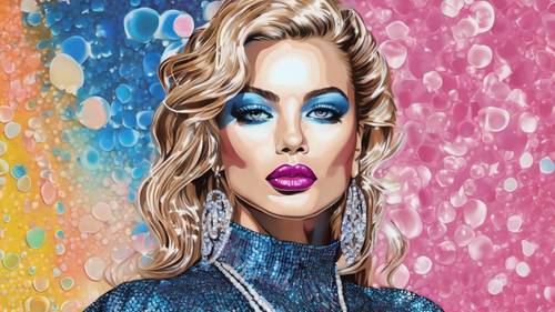 Lukisan gaya seni pop bintang pop Y2K dengan bibir merah muda buram, eye shadow biru, atasan metalik, dan tas manik-manik mikro