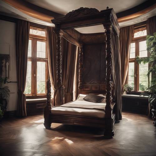 Zarif bir yatak odasında cilalı koyu renkli ahşaptan yapılmış antika sayvanlı yatak.