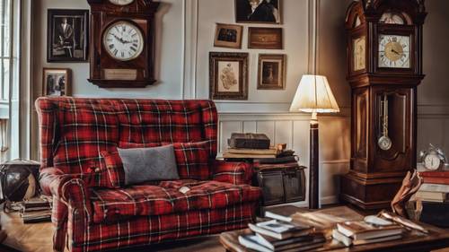 Penataan interior yang rapi, lengkap dengan sofa tartan, setumpuk literatur klasik, dan jam kakek.