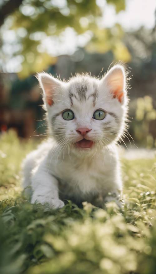 An adorable, fluffy, sage green and white cow print being admired by a curious kitten.