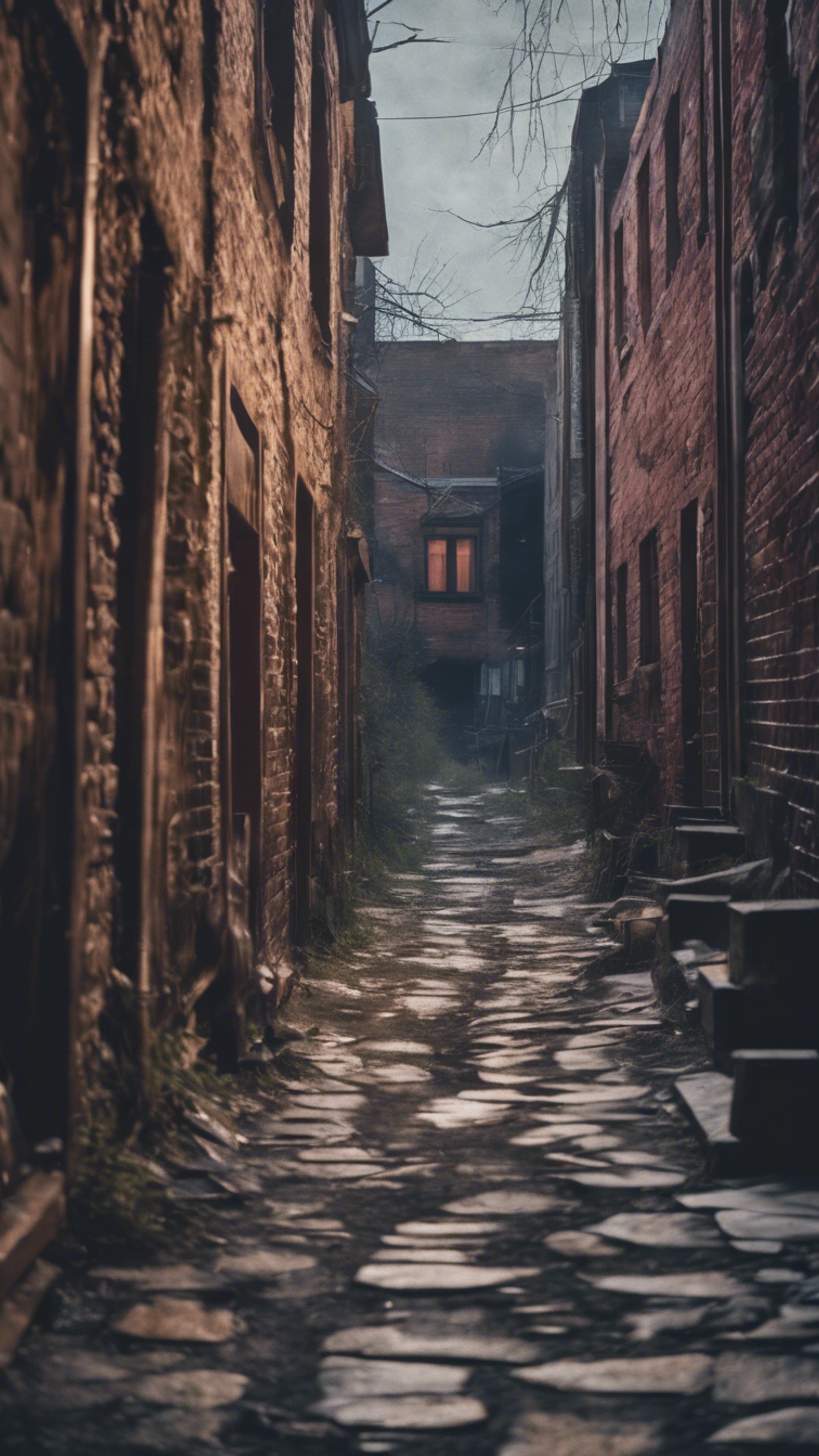 A haunted alleyway in a ghost town with spectral figures floating around. Tapet[5b53dba013a8448c806a]