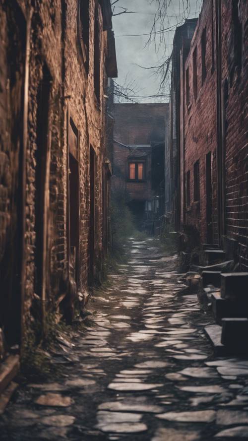 A haunted alleyway in a ghost town with spectral figures floating around.
