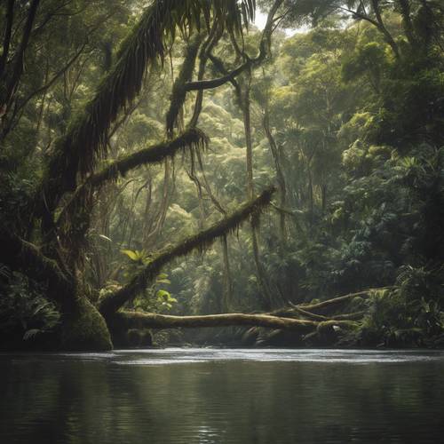 Une scène sereine de la forêt tropicale de Daintree avec une rivière calme qui la traverse.