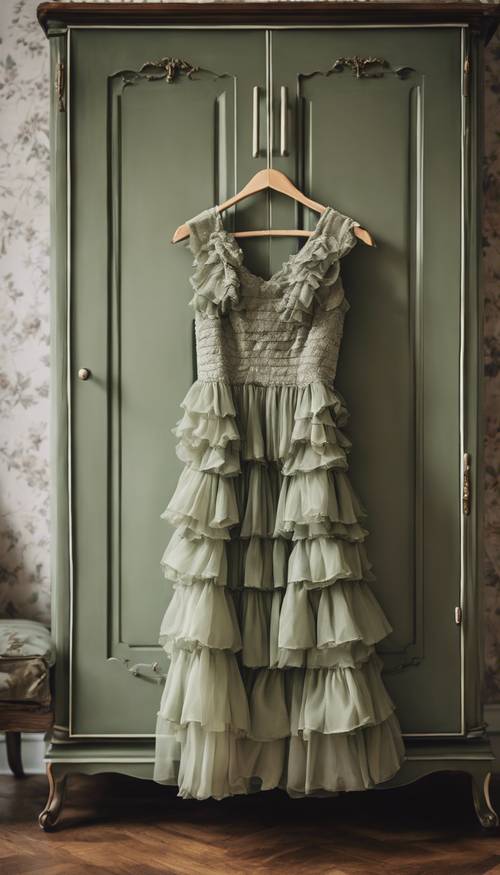 一件灰绿色的荷叶边连衣裙挂在一个复古的衣柜上。
