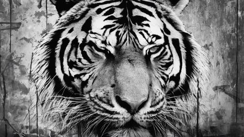 Una ilustración de graffiti en blanco y negro de un tigre de aspecto feroz sobre una pared desgastada.