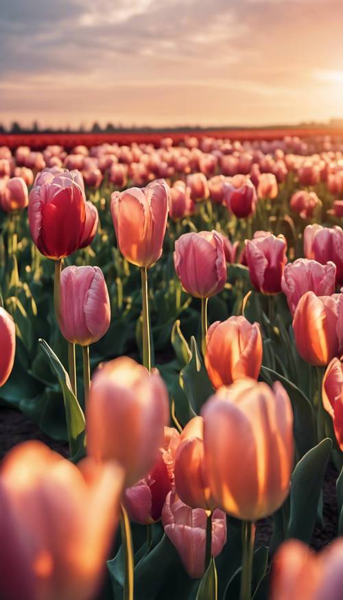 Champ de tulipes opulentes baignées par la lueur d’un coucher de soleil, symbole de luxe et d’élégance.