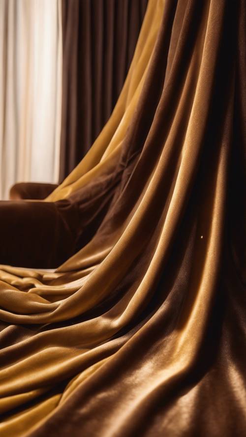 Des rideaux drapés en velours marron foncé et moka scintillent sous un éclairage ambiant chaud et jaune.