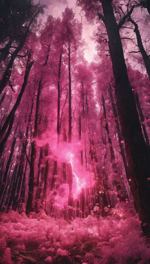 Karanlık, eski bir ormanı dinamik olarak aydınlatan pembe bir ateş patlaması.