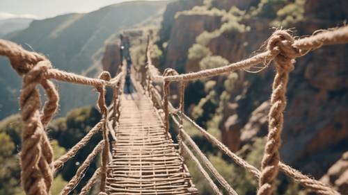 Métaphore visuelle montrant un parcours de perte de poids sous la forme d&#39;une promenade sur un pont de corde difficile au-dessus d&#39;un canyon.