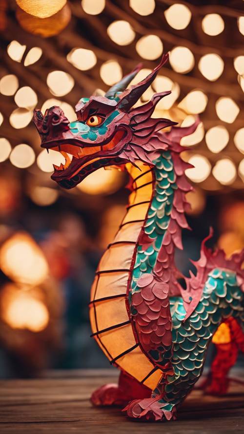 A cool dragon-shaped paper lantern, brightly illuminating a traditional festival with its warm glow.
