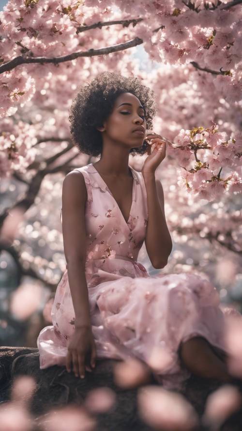فتاة سوداء حالمة تجلس تحت شجرة أزهار الكرز، وتنكسر أفكارها في ومضات المياه المتناثرة بالبتلات.