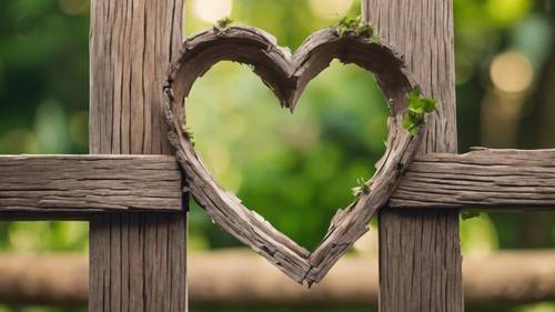 Um buraco em forma de coração numa cerca de madeira castanha, com um jardim verdejante a espreitar.